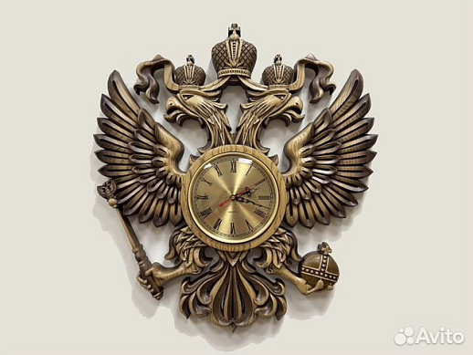 Часы герб РФ резной из дерева ясень